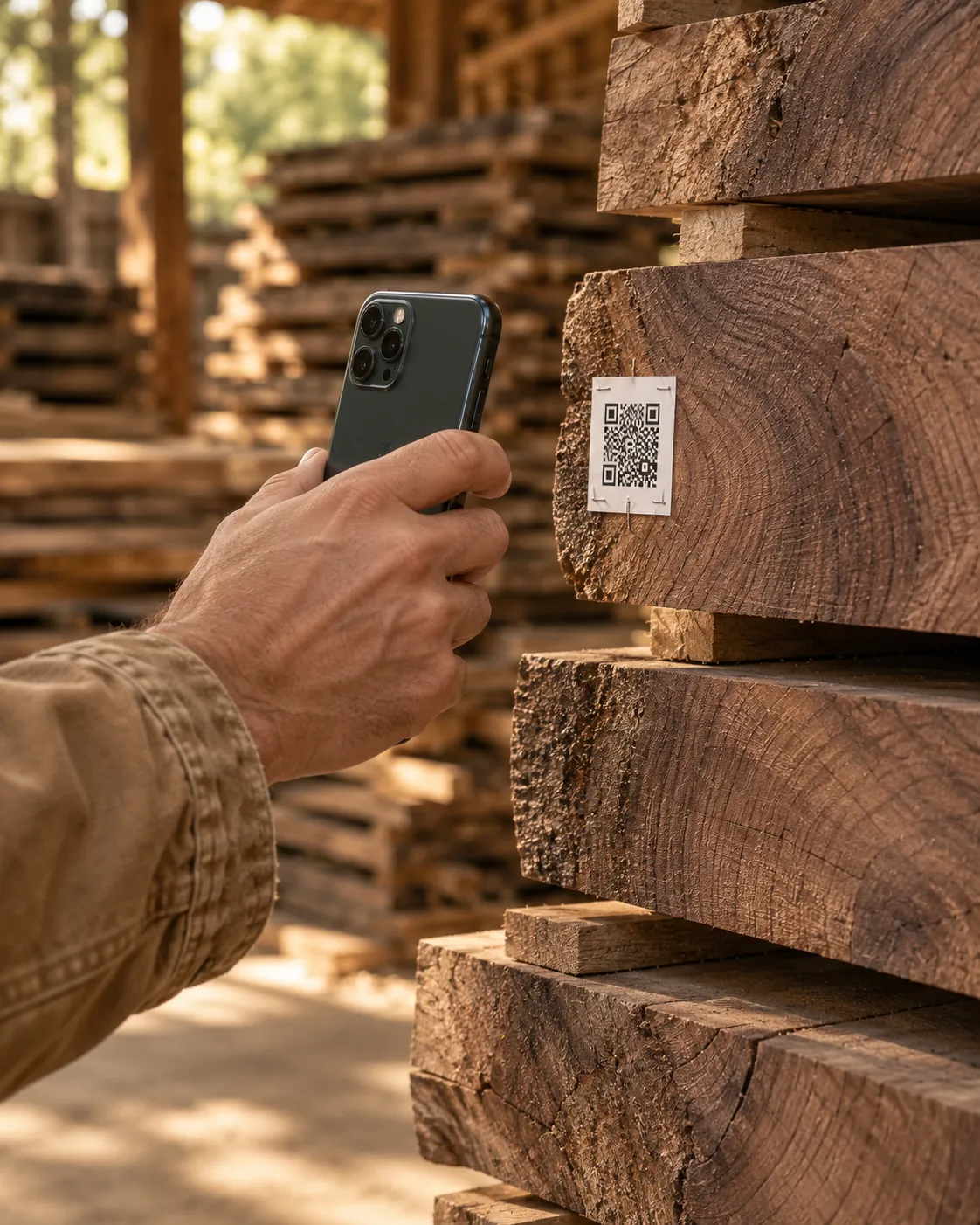 A hand holding a phone up to a QR label stapled to the end grain of a walnut board