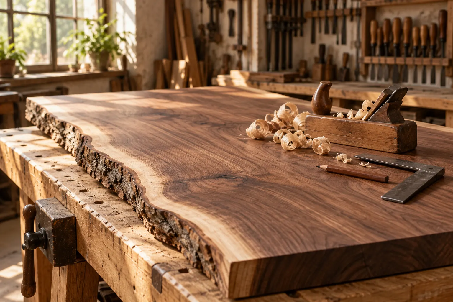 A planed live-edge walnut table top on a workbench, with a hand plane and shavings