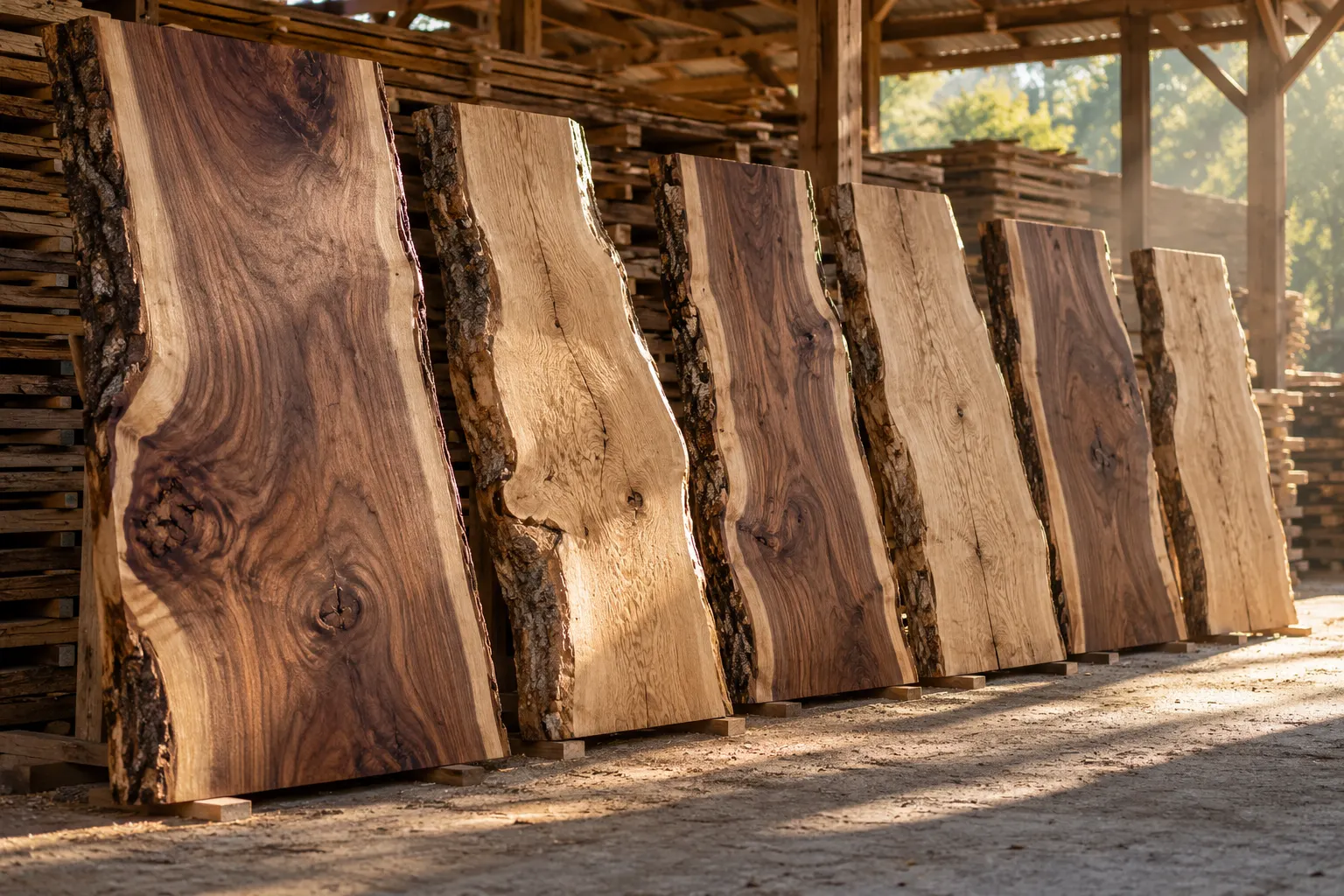 Live-edge walnut and oak slabs standing in a row in a sunlit timber shed